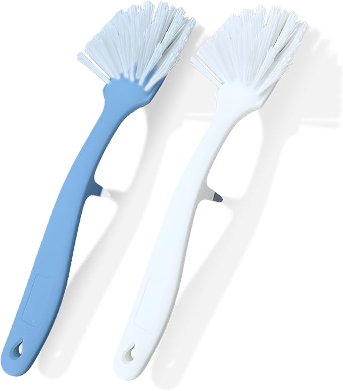 Dish Brush with Handle – 2 Pack - Comfortable Grip and Stiff Bristles Dish Scrubber Brush with Built-in Scraper Kitchen Scrub Brushes for Cleaning Dishes, Pots, Pans, Sink, Stove - White and Blue