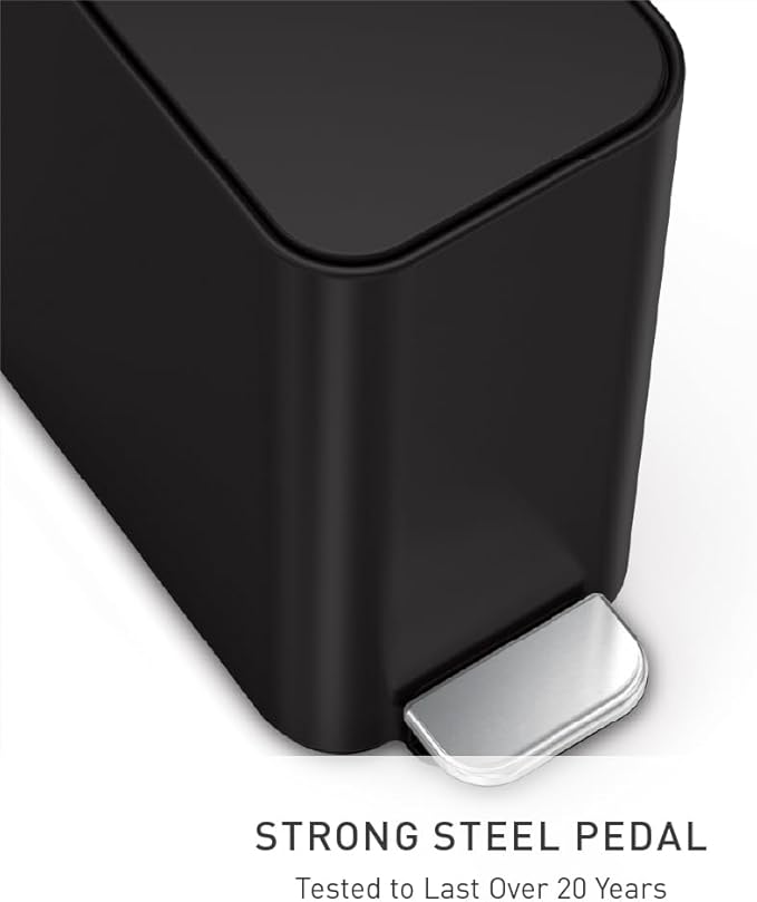 simplehuman 5L Slim Bathroom Trash Can with Soft Close Lid, Stainless Steel Waste Basket with Liner Pocket, 5 Liter / 1.3 Gallon, Matte Black