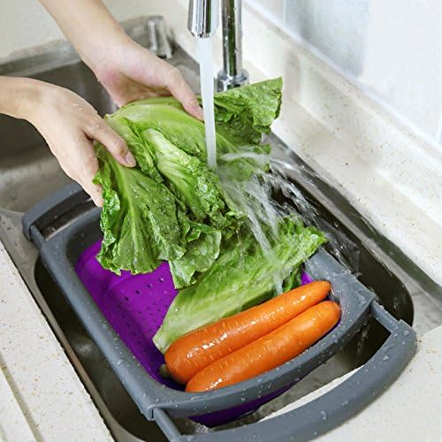 Qimh Collapsible Colander, Kitchen Colander Set Over Sink Strainer Veggies/Fruit Colanders Strainers with Extendable Handles, Dishwasher Safe Folding Strainer for Kitchen, 6-Quart, BPA Free