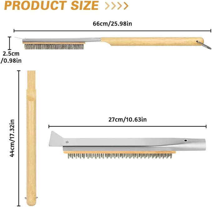 Pizza Oven Brush, 26" Brush and Stainless Steel Scraper for Pizza Stone, BBQ Grill Cleaning Brush Non Scratch Heat Proof Stainless Steel Bristles with Screwdriver for Pizza Oven and Accessories