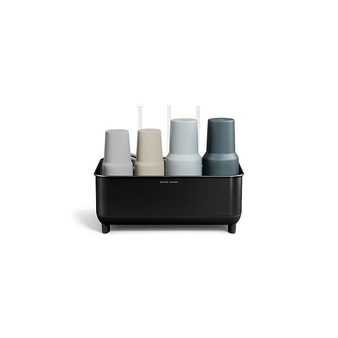 simplehuman Bottle Dock, Steel Frame Fast Drying Bottle Rack, Three-Compartment Organizer for Tumblers, Caps & Straws, Matte Black Stainless Steel