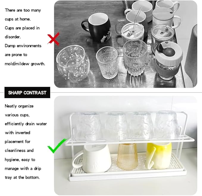 2-Tier Space-Saving Drain Rack with Removable Tray, Cup Storage Rack for Kitchen Sink, Dish Drying Organizer (White)
