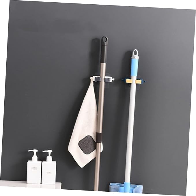 VOSAREA 2pcs Punch Mop Holder and Broom Organizer Wall Mounted Cleaning Tools Rack for Bathroom and Home Space-saving Design for Rakes Mops and Brooms White
