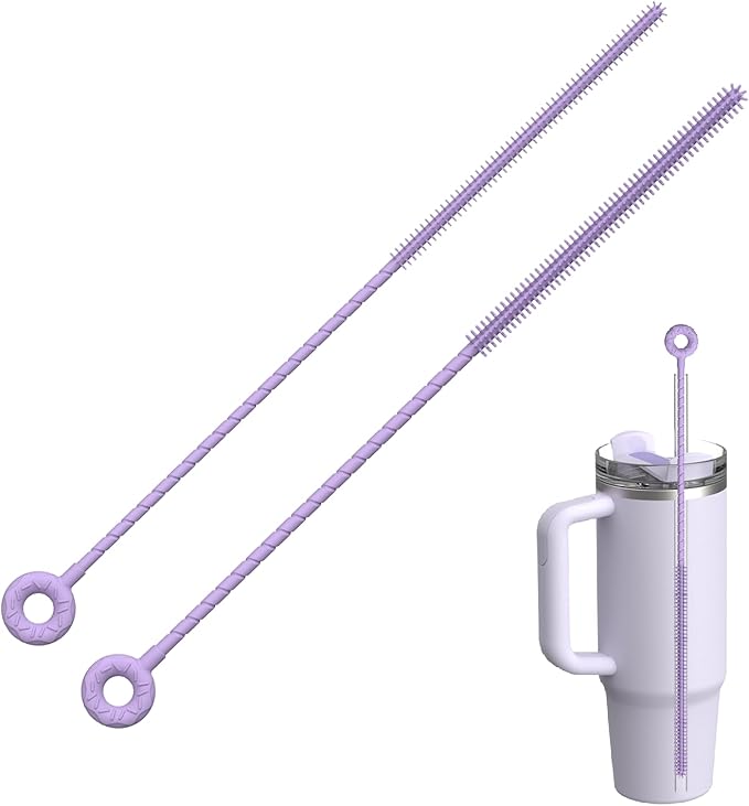 2Pcs Silicone Straw Cleaner Brush, Dual-Size Brushes (6mm Slim & 9mm Wide), Clean for Reusable Straws, Cups and Tumblers, Durable & Eco-Friendly, Purple