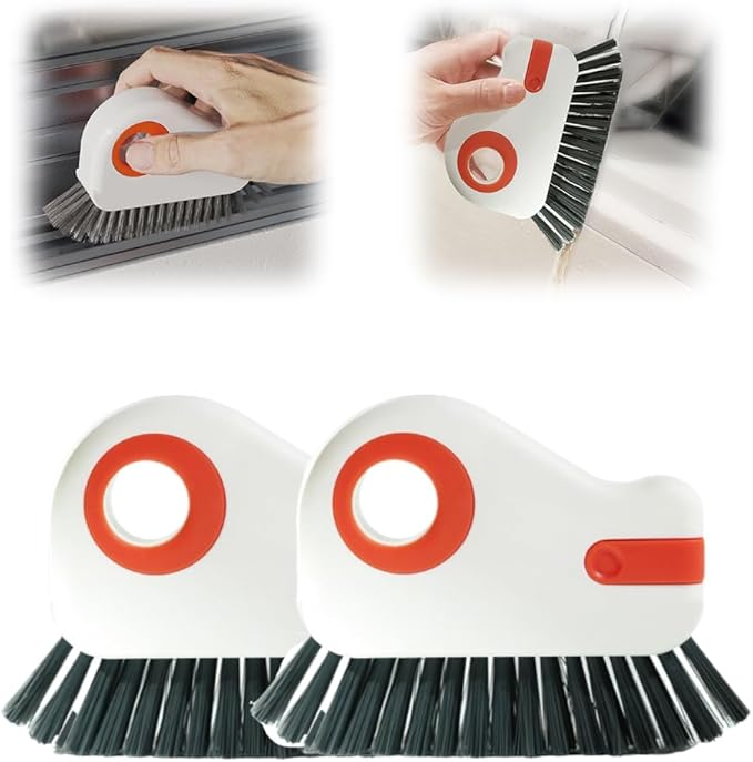 2 in 1 Groove Cleaning Brush, 2025 New Window Track Cleaning Tools, Multifunction Hard Bristle Cleaning Brush with Hidden Scraper for Sliding Door Track, Window Sill, Window Seal (Orange-2Pcs)