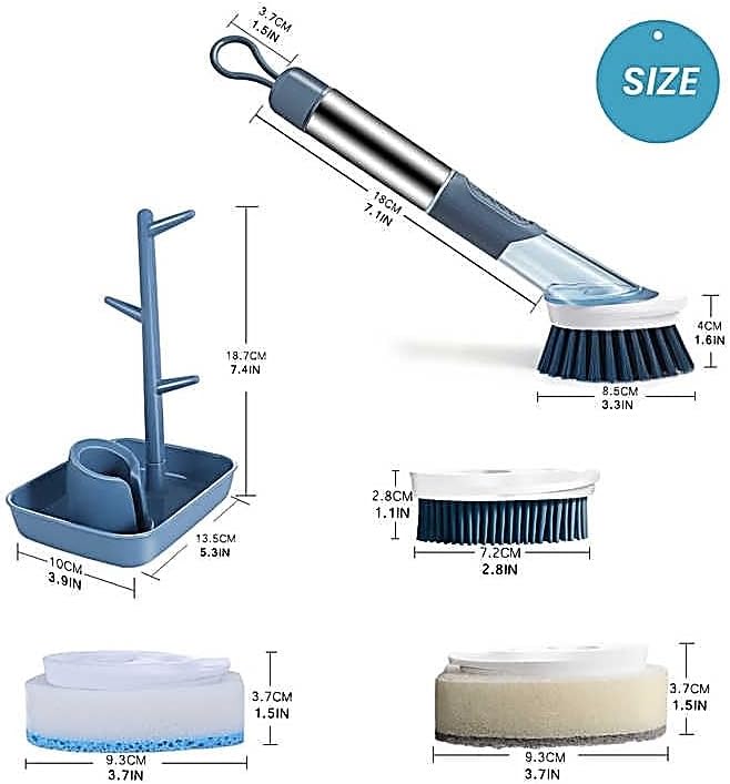 Soap-Dispensing Dish Washing Brush Set – Includes 4 Replaceable Heads & Stylish Storage Stand – Effortless Scrubbing for Dishes, Pots, Pans & Sinks