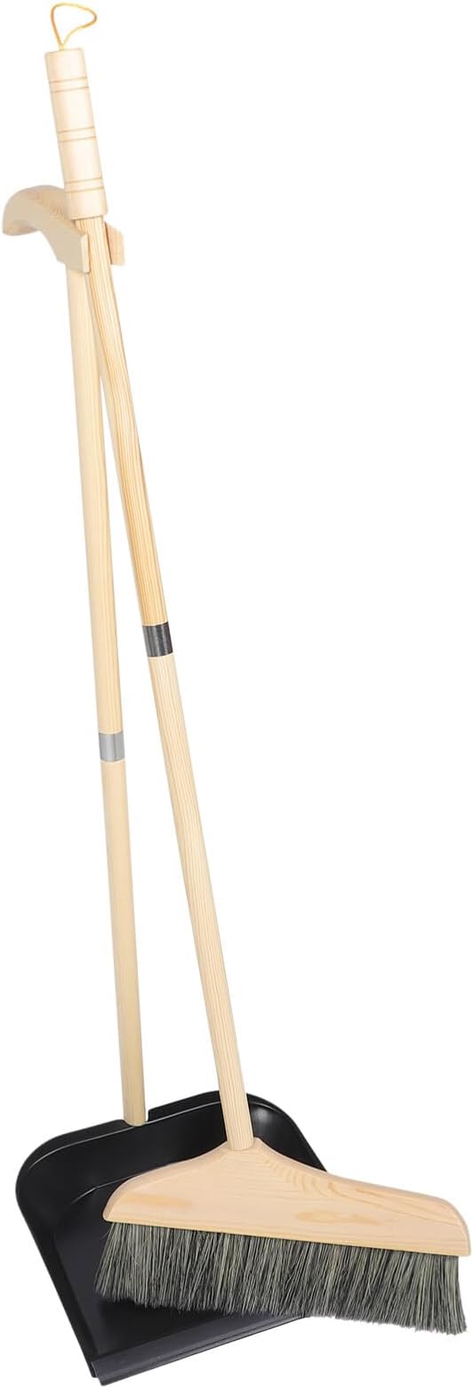GANAZONO Broom and Dustpan Set Long Handle Household Cleaning Tools Indoor Outdoor Use Ergonomic Lightweight Wooden Brush for Home Garage Workshop