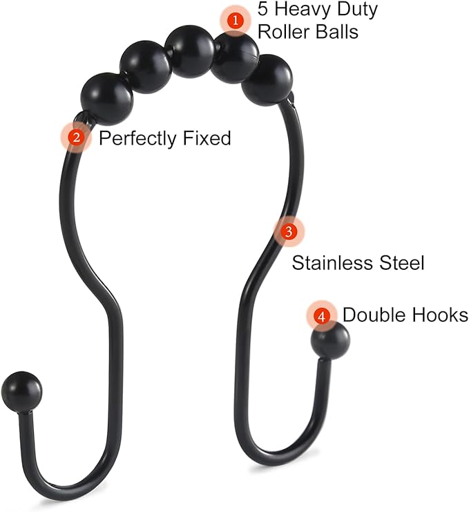 Goowin Shower Curtain Hooks, 12 Pcs Shower Curtain Rings, Stainless Steel Black Shower Curtain Hooks, Shower Curtain Rings Rust Proof, Smooth Sliding Anti-Drop Double Shower Rings for Curtain (Black)