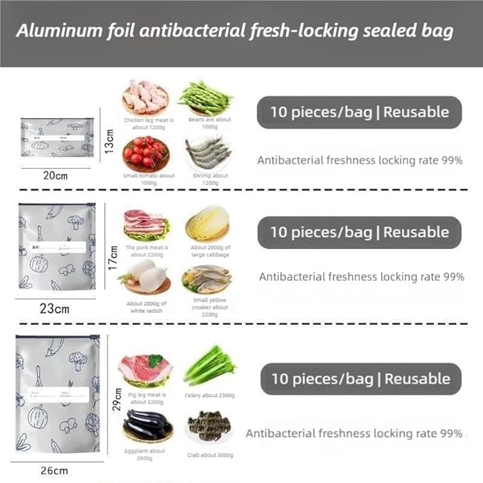 Reusable Aluminum Foil Bags, Freezer Safe & Leak Proof Stand Up Storage Bags with Zipper for Meat Seafood Vegetables, Heavy Duty BPA Free Food Storage Containers (30pcs-Large-03)