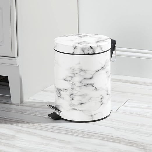 mDesign Pedal Waste Basket — Metal Waste Bin with Pedal, Lid and Plastic Bucket Insert — Perfect for Bathroom, Kitchen, and Office — 5 Litre Household Rubbish Bin with Ergonomic Design — Marble Print