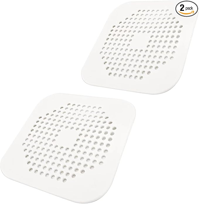 Square Drain Cover for Shower 5.7-inch TPR Drain Hair Catcher Flat Silicone Plug for Bathroom and Kitchen Filter Shower Drain Protection Flat Strainer Stopper with Suction Cups 2 Pack (White)