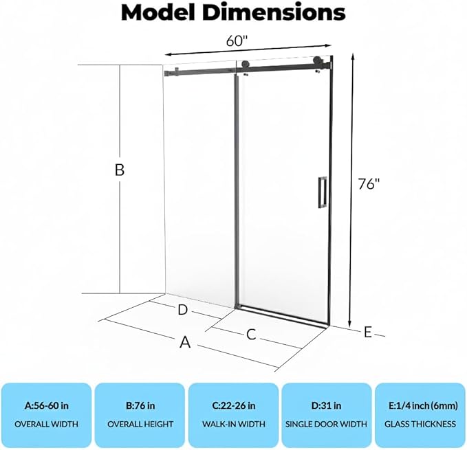 Frameless Sliding Shower Door, 56-60 Inches Wide x 76 Inches High, 1/4 Inch (6mm) Clear Tempered Glass with Matte Black Square Rail Design, Space-Saving Installation for Modern Bathrooms
