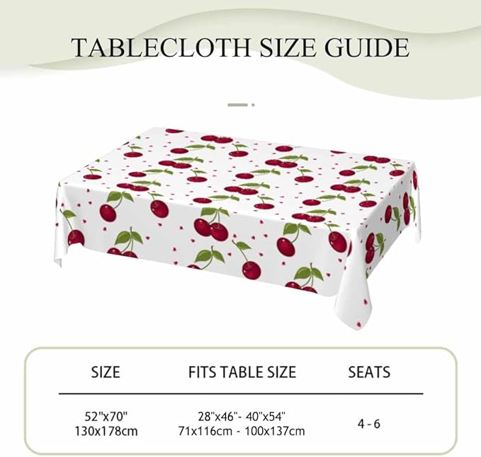 Red Cherry Table Cloth Rectangle Table Sweet Red Ripe Cherries Green Leaves 52x70 Tablecloths Decorative for Dining Kitchen Banquet Picnic Party