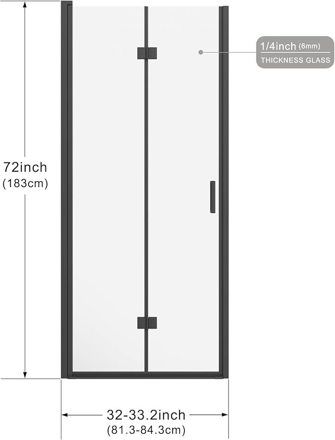 Frameless Bi-Fold Shower Door 32" W x 72" H, 1/4" Clear Tempered Glass, Folding Swing Design, Reversible Installation, Black Finish, Space-Saving Glass Shower Door for Small Bathrooms
