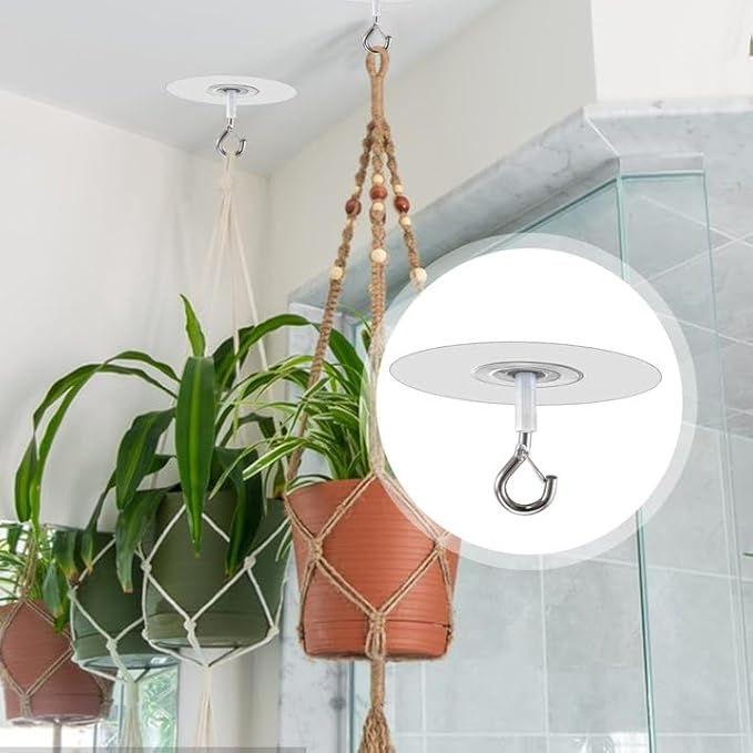 Adhesive Ceiling Hook - Weight-Bearing Stick-On Ceiling Hook, Sticky | Drill Free Hanging Hook with Safety Clasp, Water Resistant for Plants Chimes Storage