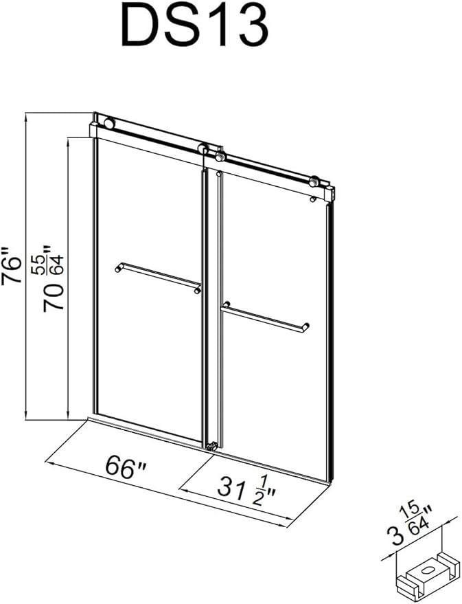 Frameless Soft Close Shower Door, 62"-66 "W, 76 "H, 3/8" (10mm) Clear Tempered Glass, Double Sliding Doors, Brushed Nickel Finish.