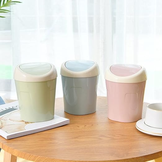 2 Pcs Plastic Mini Wastebasket Trash Can with 120 Trash Bags, Tiny Desktop Waste Garbage Bin with Swing Lid for Home, Office, Kitchen, Vanity Tabletop, Bedroom, Bathroom (Green + Pink)