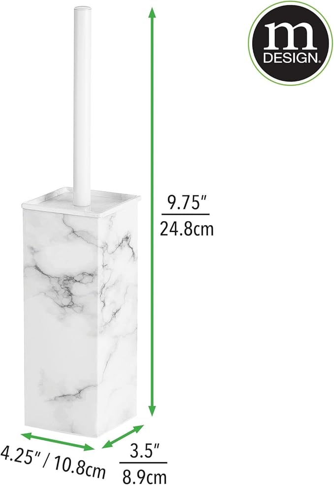 mDesign Steel Square Modern Toilet Bowl Brush and Holder for Bathroom Storage and Organization, Compact Free-Standing Design, Covered Brush - Sturdy, Deep Cleaning - Citi Collection - Marble