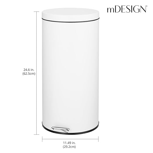 mDesign Tall 30 Liter, Large Round Metal Lidded Step Trash Can, Thin Compact Garbage Bin with Removable Liner Bucket for Bathroom, Kitchen, Craft Room, Office, Garage - White