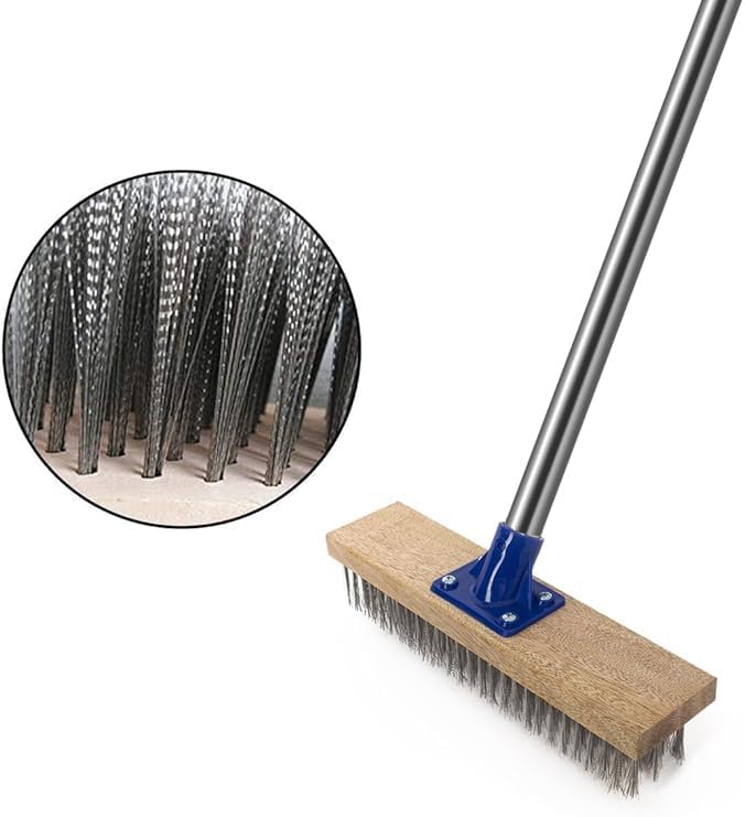 MEIBEI Deck Brush, Stainless Steel Wire with Long Handle 57", Perfect for Algae, Tough Stains on Concrete, Walkways, Patio and Swimming Pool