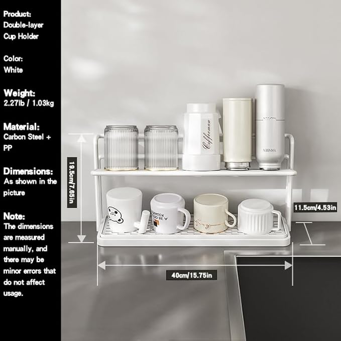 2-Tier Space-Saving Drain Rack with Removable Tray, Cup Storage Rack for Kitchen Sink, Dish Drying Organizer (White)