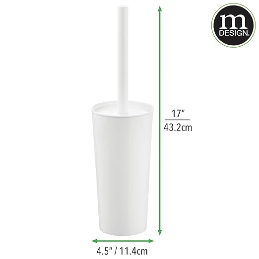 mDesign Metal Freestanding Slim Toilet Bowl Brush and Holder + Rectangle Narrow 5 Liter / 1.3 Gallon Step Pedal Trash Can Wastebasket for Bathroom - Small, Compact Design - Set of 2 - White
