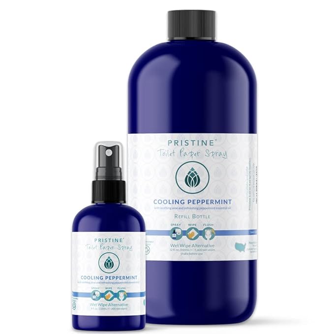 PRISTINE Sprays Toilet Paper Spray, Cooling Peppermint, Flushable Wet Wipe Alternative, pH Balanced, 4 oz, 1 oz Travel Size, 32 oz Refill