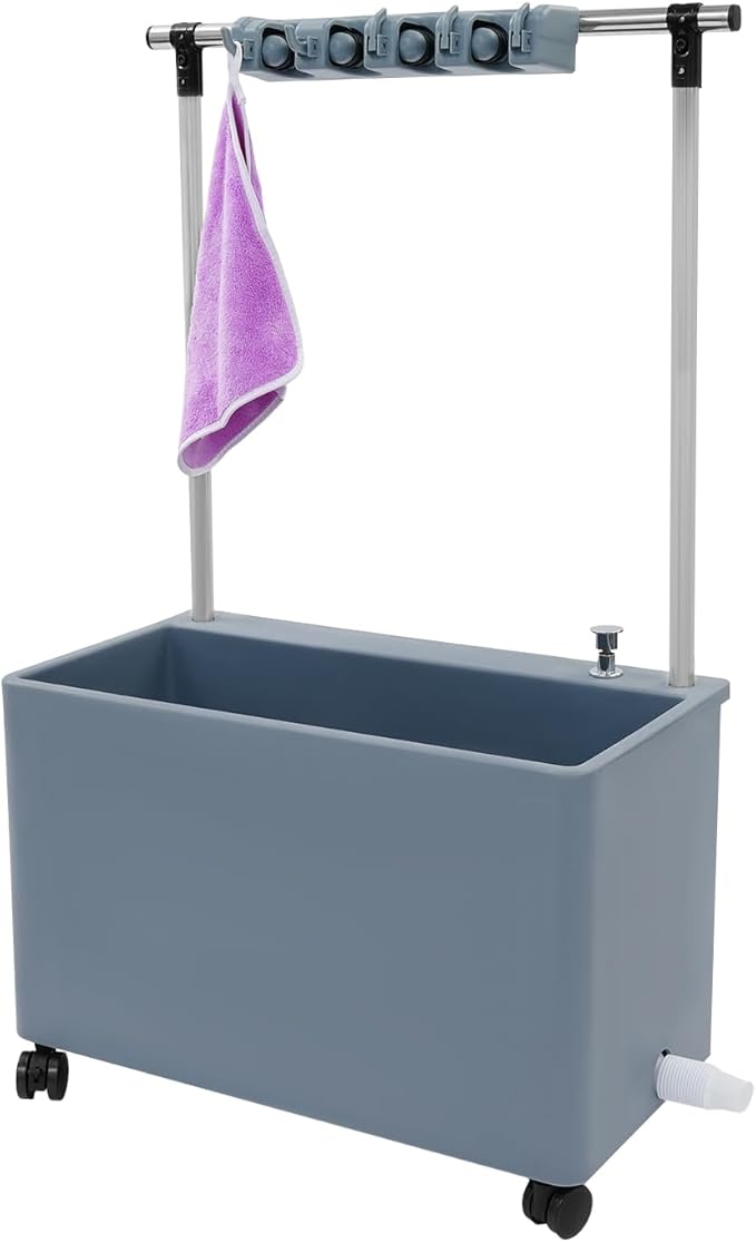 Floor Mop Sink, Mop Service Basin with Cleaning Tool Rack, Floor Mount Slop Sink with Wheels, With Drainage, for Kitchen, Laundry Room, Bathroom and Industrial Use (4 Mop Slots/5 Hooks)