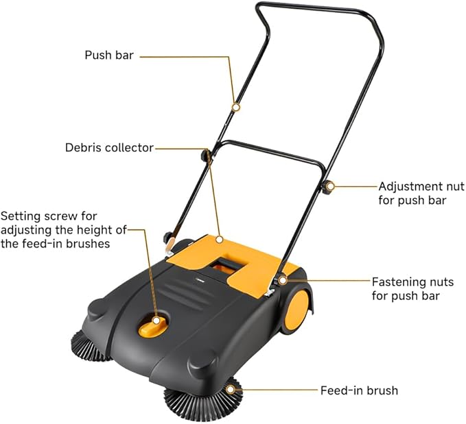 Hoteche 28-Inch Walk Behind Outdoor Manual Push Floor Sweeper, 4-Gallon Capacity, 30200 ft²/h Sweeping Efficiency, Lightweight Non-Electric Sweeper for Driveways, Patios, and Warehouses