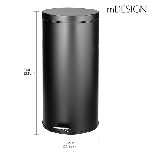 mDesign Tall 30 Liter / 7 Gallon Large Round Metal Lidded Step Trash Can, Thin Compact Garbage Bin with Removable Liner Bucket for Bathroom, Kitchen, Craft Room, Office, Garage - Black