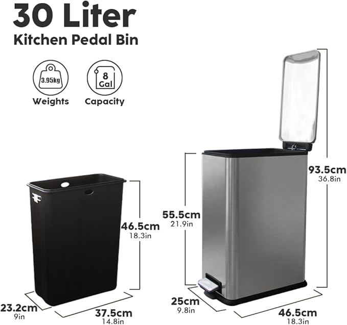 8 Gallon Trash Can with Lid, Stainless Steel Bathroom Garbage Can with Removal Inner Bucket, Soft Close Lid, Step on Trash Bin for Kitchen, Office, Laundry, 30 Liter Capacity, Kohler Grey
