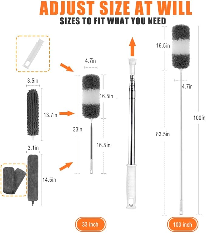 Microfiber Feather Duster, 6PCS Extendable Bendable Dusters with 100" Telescopic Pole, Washable & Reusable Cleaning Kit for Ceiling Fans, Lights, Blinds, Cars, Hard-to-Reach Areas (Gray)