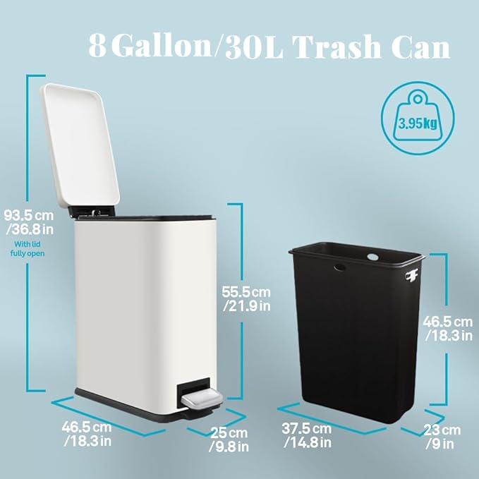 8 Gallon Trash Can with Lid, Stainless Steel Kitchen Trash Can with Removal Inner Bucket, Soft Close & Stay Open, Step Trash Bin for Kitchen, Office, Laundry, Bathroom, 30 Liter, White
