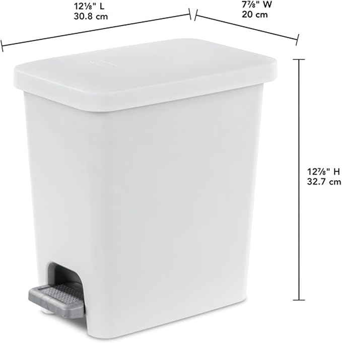 Sterilite 2.7 Gallon Rectangular Step On Kitchen Trash Bin Plastic Indoor Wastebasket with Removable Liner and Bag Holding Feature, White (8 Pack)