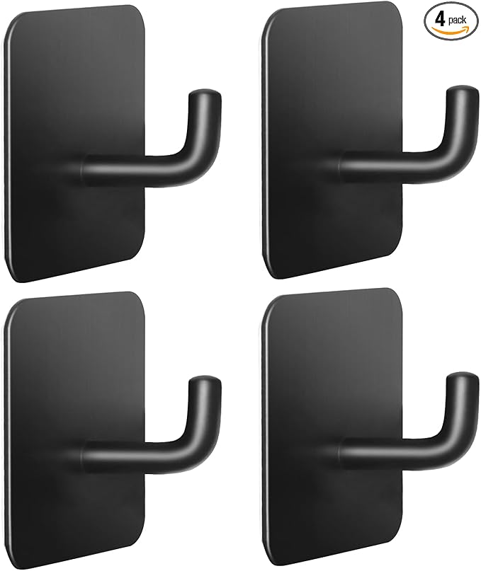 Adhesive Hooks for Bathrooms, 4 Piece Towel Hooks for Hanging Hat Robe Coat, Stick on Hooks for Kitchens, Strong Self-Adhesive No Damage Waterproof Stainless Steel Sticky Hook (Black)
