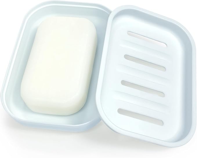 Double Layer Draining Soap Dish, Plastic Dishwashing Sponge Soap Holder for Kitchen, Bathroom, and Washstand (Light Blue)