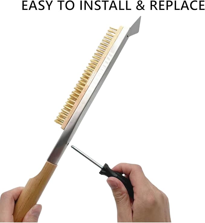 21 Inch Pizza Oven Brush with Scraper, Brass Bristles, Outdoor BBQ Grill Cleaning Brush Copper Wire Pizza Stone with 1 Screwdriver Outdoor Oven Accessories