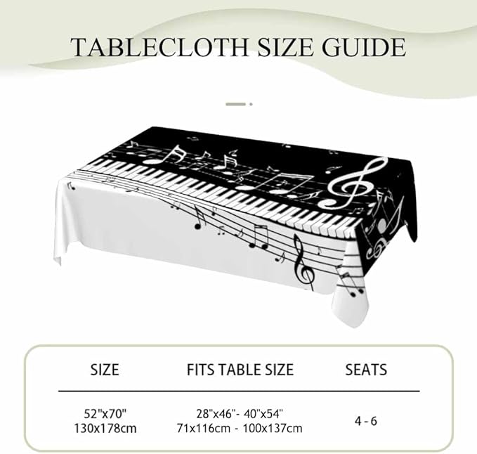 Piano Music Musical Notes Table Linens 52x70 Classical Black White Piano Keys Table Cloth Rectangle Table for Dining Kitchen Banquet Party Decorative Outdoor Picnic