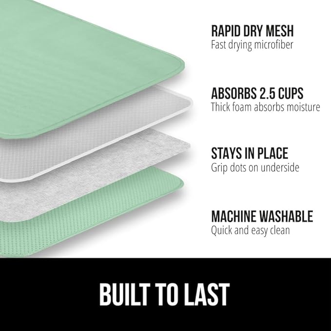 GORILLA GRIP Ultra Water Absorbent Microfiber Dish Drying Mat, Quick Dry Thick Mesh, Slip Resistant Pad for Sink Dishes or Under Rack, Kitchen Counter Accessories, 16x18, Machine Wash Mats, Mint