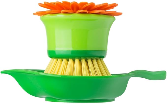 Vigar Flower Palm Dish Scrub Brush with Holder, Perfect Kitchen Brushes for Dishes, Sink Brush and Cleaning Brushes for Household Use, Orange, Green