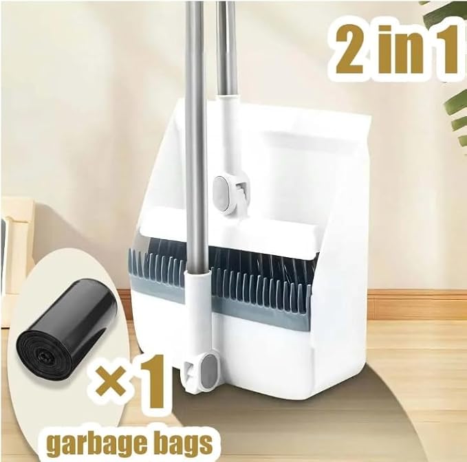 Foldable Broom and Dustpan Combo Set,Long Handle Brush with Upright Stand,Ideal for Home,Office,School,Dorms, Bathroom (White)