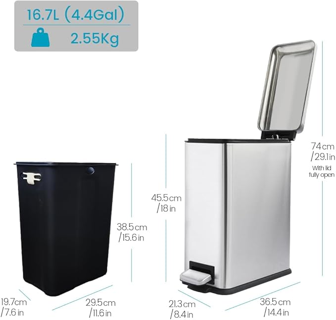 16.7L/ 4.4 Gallon Rectangular Slim Kitchen Trash Can with Removable Inner Bucket, Soft Close lid, Stainless Steel Step Pedal Garbage Can for Bathroom, Kitchen, Home Office, Brushed Silver