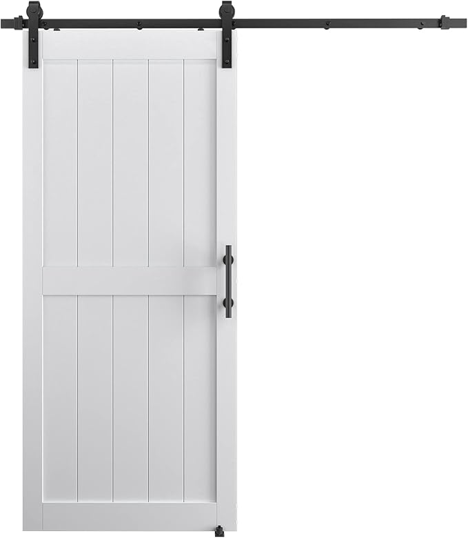 36''x84'' Sliding Barn Door with 6.6 Ft Barn Door Hardware Kit& Handle& Floor Guides,Pre-Drilled Holes Easy Assembly - Include Installation Manual, Water-Proof PVC Surface, H-Frame, White