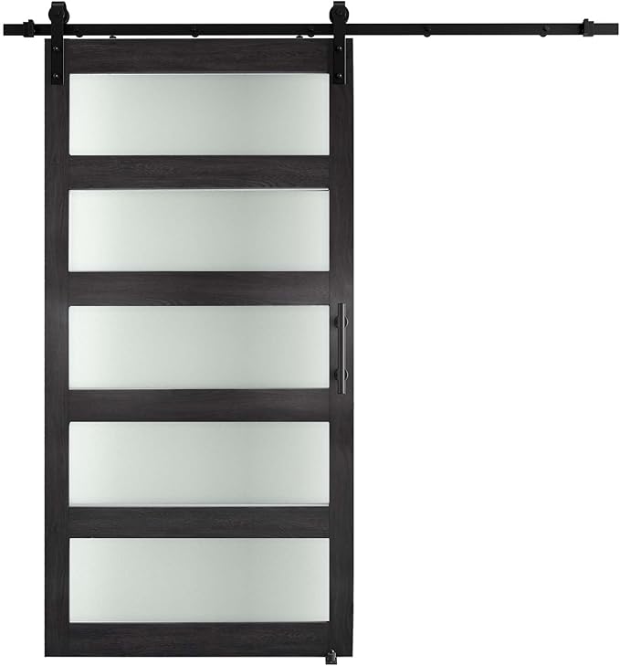 42'' x 84'' Glass Barn Door and 7 Ft Hardware Kit Included, MDF White Barn Door Slab with Frosted Glass, PVC Surface, Combined with Handle and Floor Guide-Assembly Required, Dark Grey