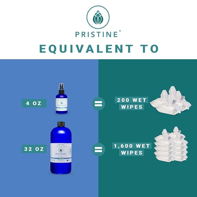 PRISTINE Sprays Toilet Paper Spray, Flushable Wet Wipe Alternative, Cooling Peppermint Scent, 4 oz, 1 oz Travel Size, 32 oz Refill, pH Balanced, Biodegradable