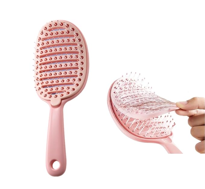 Self Cleaning Hair Brush, Easy to Clean, Curved Vented Detangler Brush for Faster Blow Drying for Women Men Kids, Wet & Dry Hair (Pink)