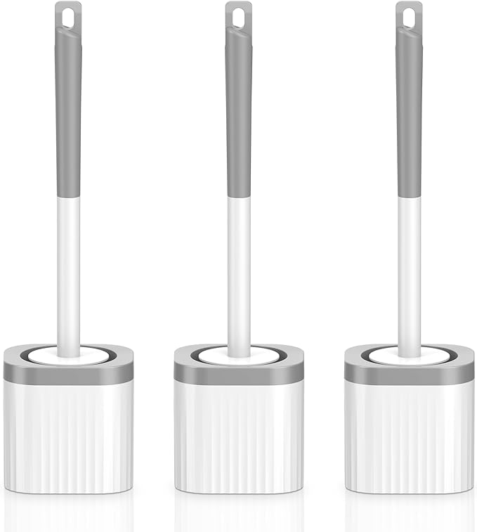 Toilet Brush, Compact Toilet Brush and Holder Set with Nylon Bristles 3 Pack Toilet Bowl Brush Hidden Scrubber Brushes for Bathroom Deep Cleaning, Grey & White