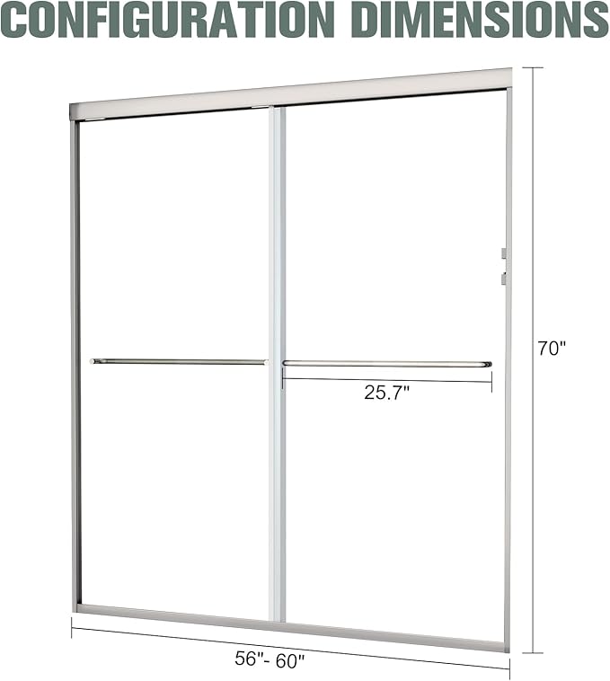 Bypass Glass Shower Door 56-60" W x 70" H with 1/4" Clear SGCC Tempered Glass, Semi-Frameless Double Sliding Shower Door, Easy to Clean, Easy to Install, Chrome