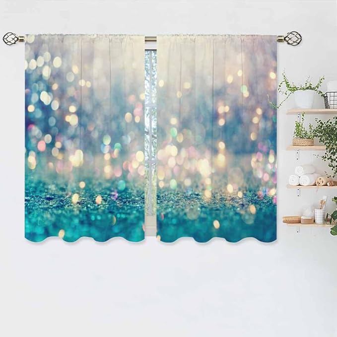 Blue Glitter Pattern Kitchen Curtains Beautiful Abstract Shiny Light Blur Bokeh Short Tier Curtains for Bathroom Cafe Small Window Drapes Treatment 2 Panels (27.5x39 Inch)