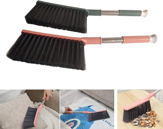 2 Pack Soft Bristle Bed Sheets Sweeping Cleaning Brush with Long Hand, Counter Duster for Debris Hair Remover Desk Quilt Sofa Furniture (Pink Green)